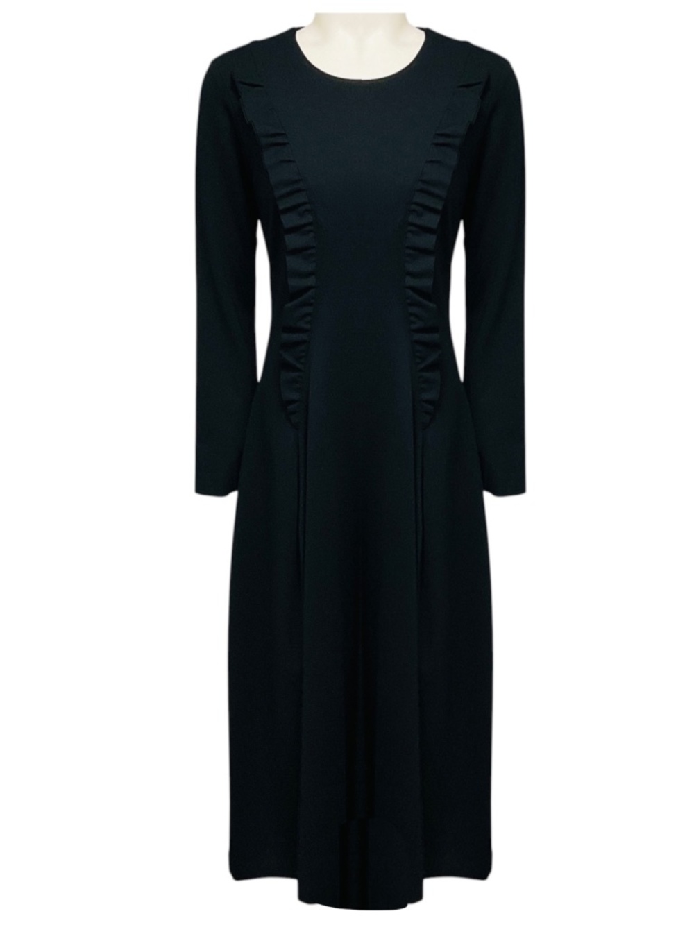 MEIMEIJ BLACK RUFFLED LONG SLEEVED JERSEY STRETCH MIDI DRESS